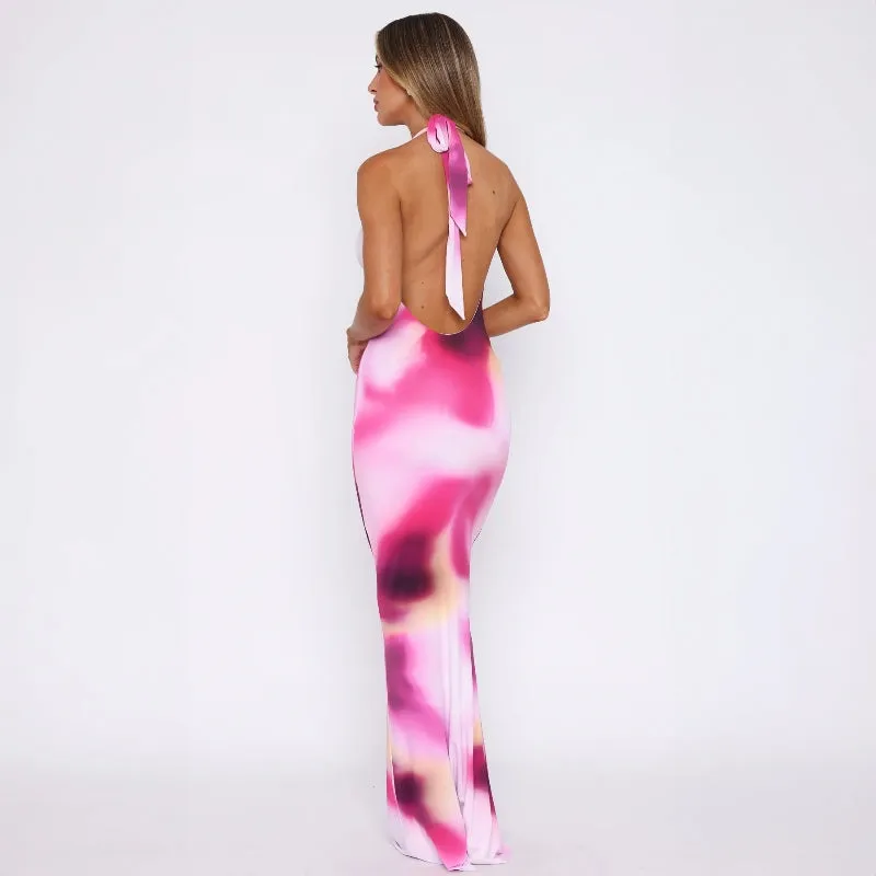 Pink Printed Cowl Neck Maxi