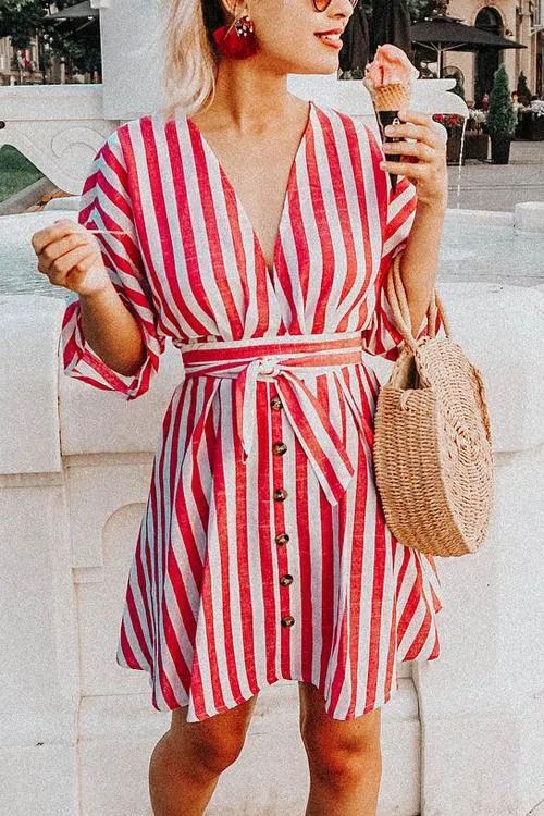 Pockets Stripe Button Mini Dress