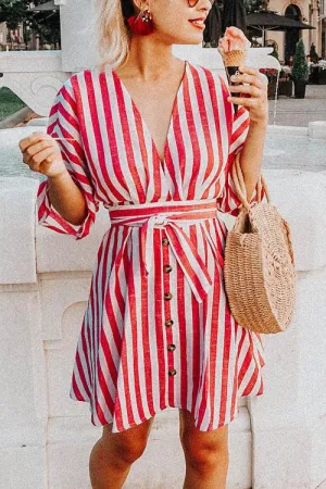 Pockets Stripe Button Mini Dress