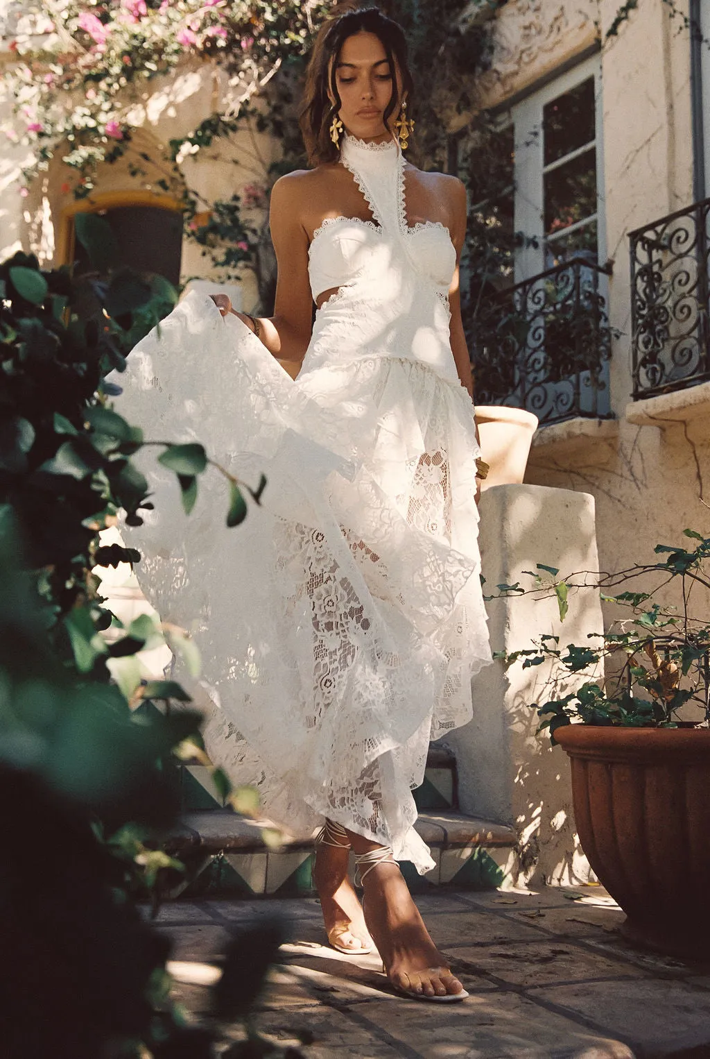 Princesa White Lace Drop Waist Maxi Dress