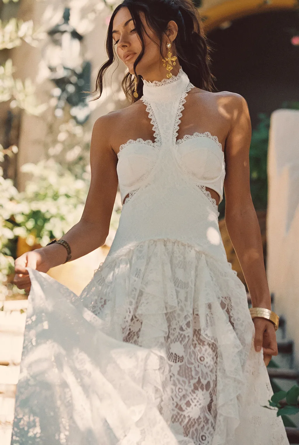 Princesa White Lace Drop Waist Maxi Dress