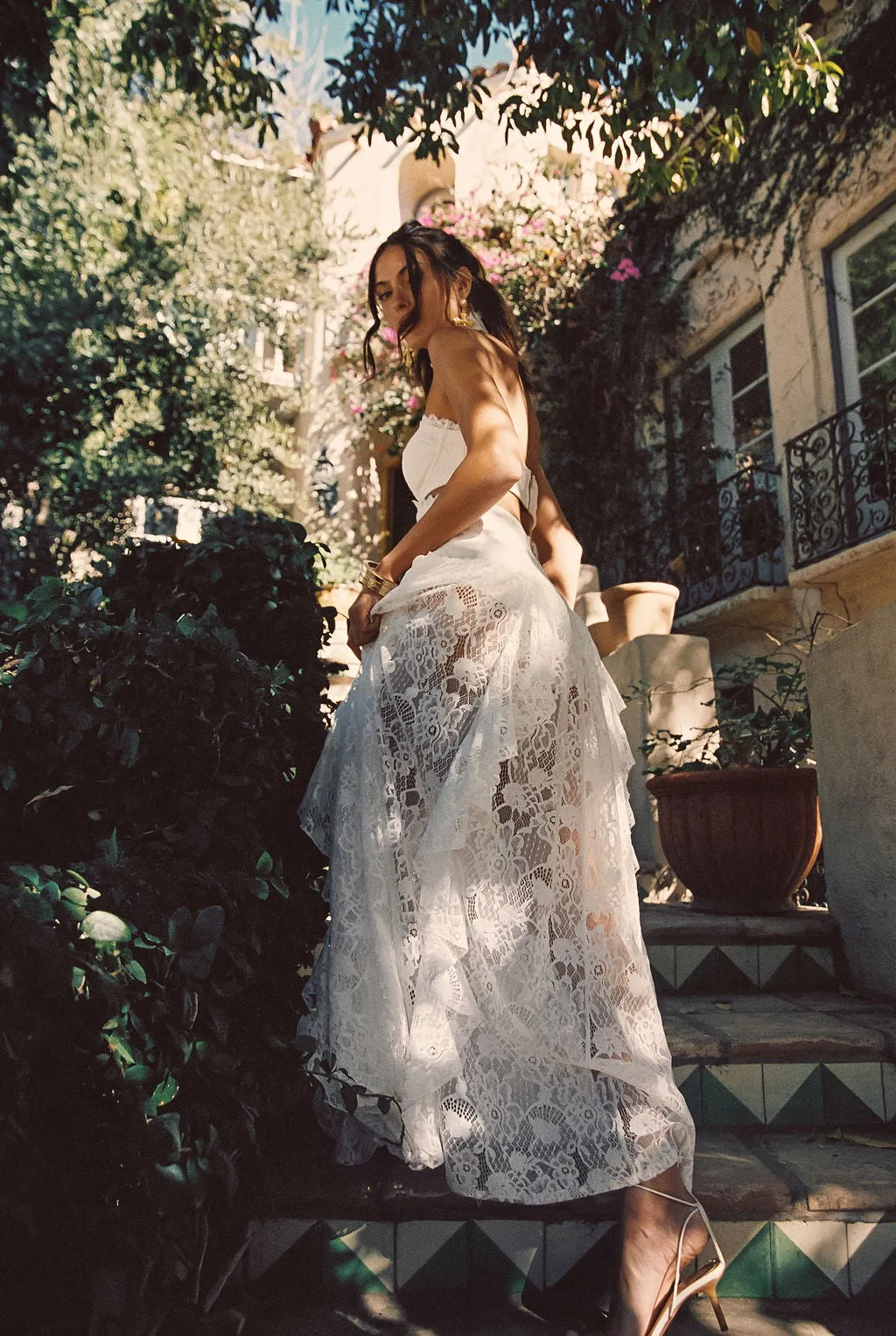 Princesa White Lace Drop Waist Maxi Dress