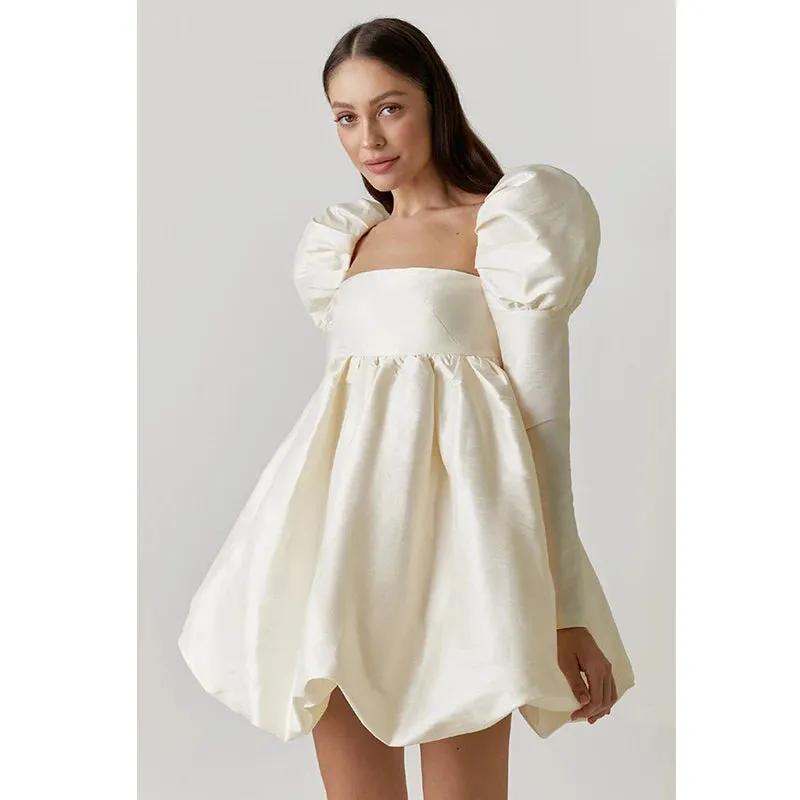Puff Sleeve Satin Lace Up Mini Dress