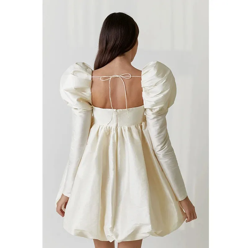 Puff Sleeve Satin Lace Up Mini Dress