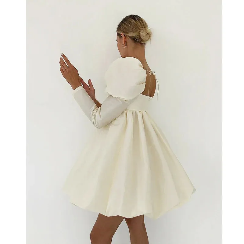 Puff Sleeve Satin Lace Up Mini Dress
