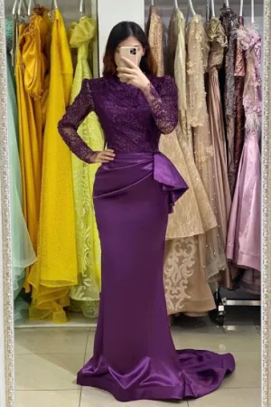 Purple Long Sleeves Mermaid Prom Gown with Soft Floral Lace Appliques