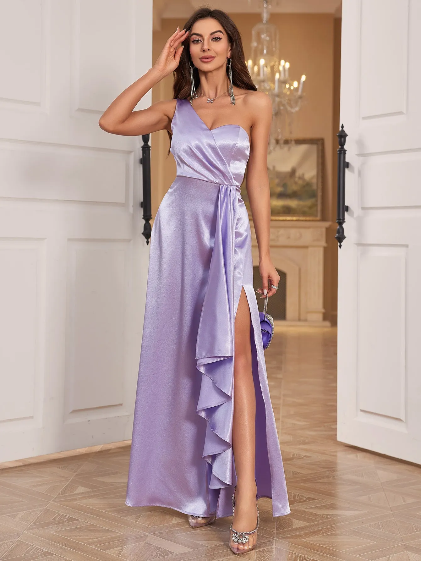 Purple One Shoulder Satin Maxi Dress with Side Slit