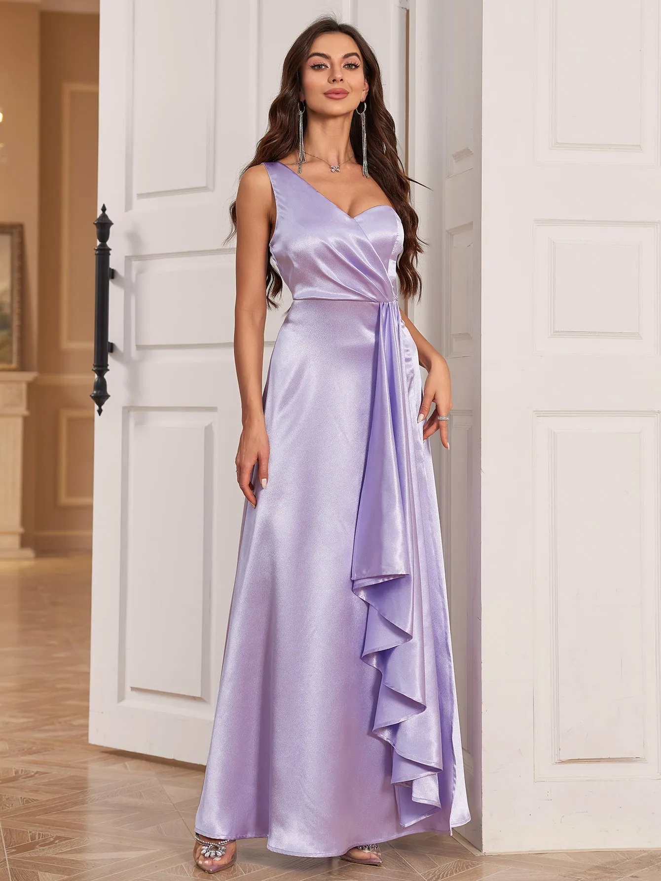 Purple One Shoulder Satin Maxi Dress with Side Slit