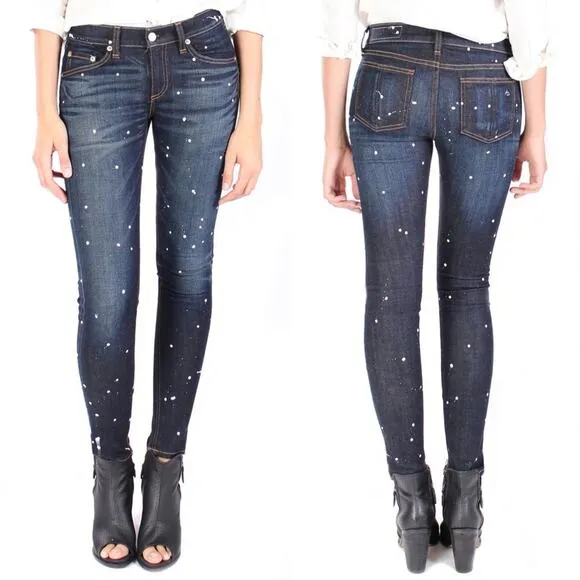 Rag &amp; Bone Dark Wash Paint Anfield Splatter Skinny Jeans - 26