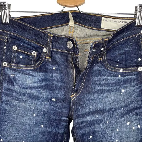 Rag &amp; Bone Dark Wash Paint Anfield Splatter Skinny Jeans - 26