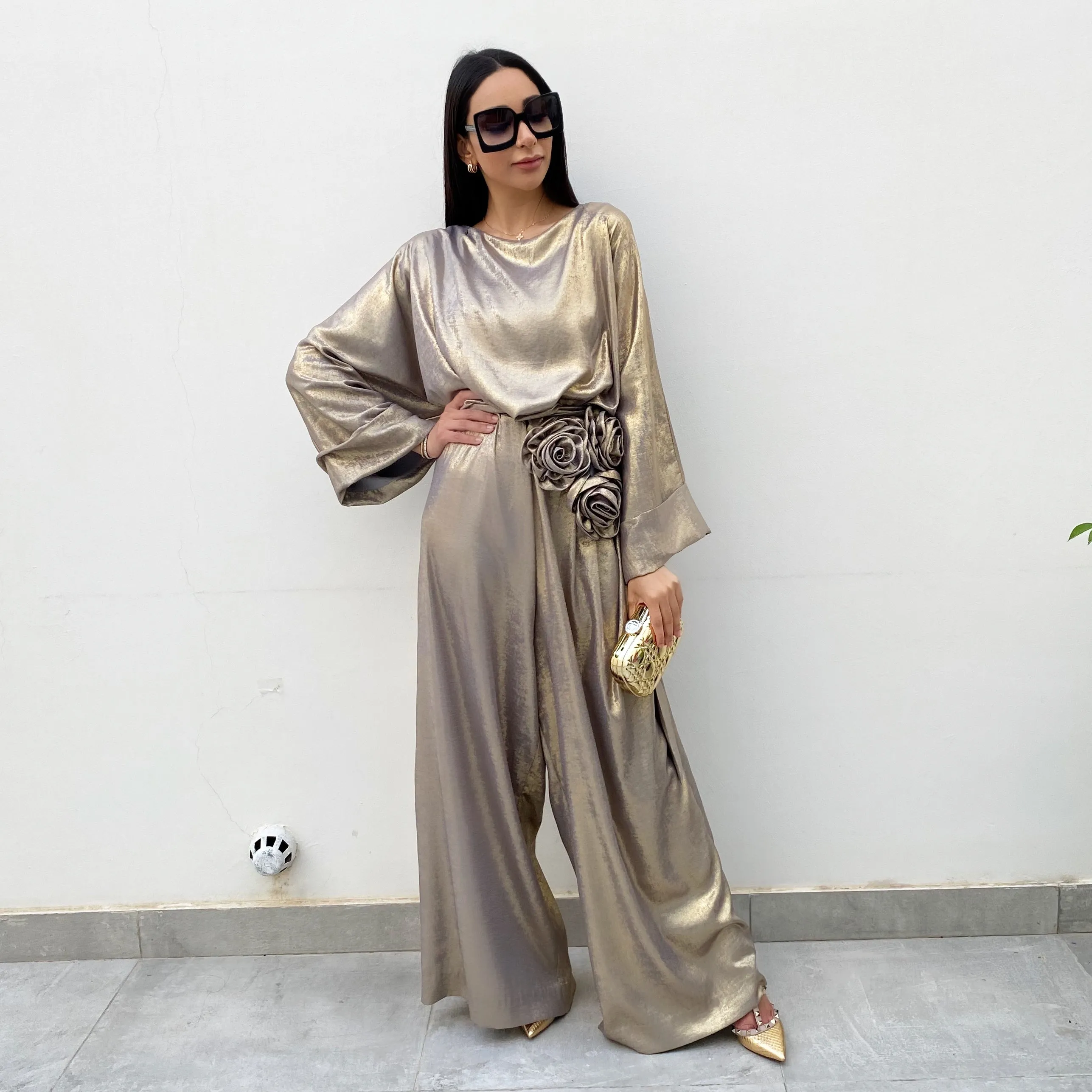 RAM20 GREY MATT GOLD SHIMMER JUMPSUIT WITH ROSES