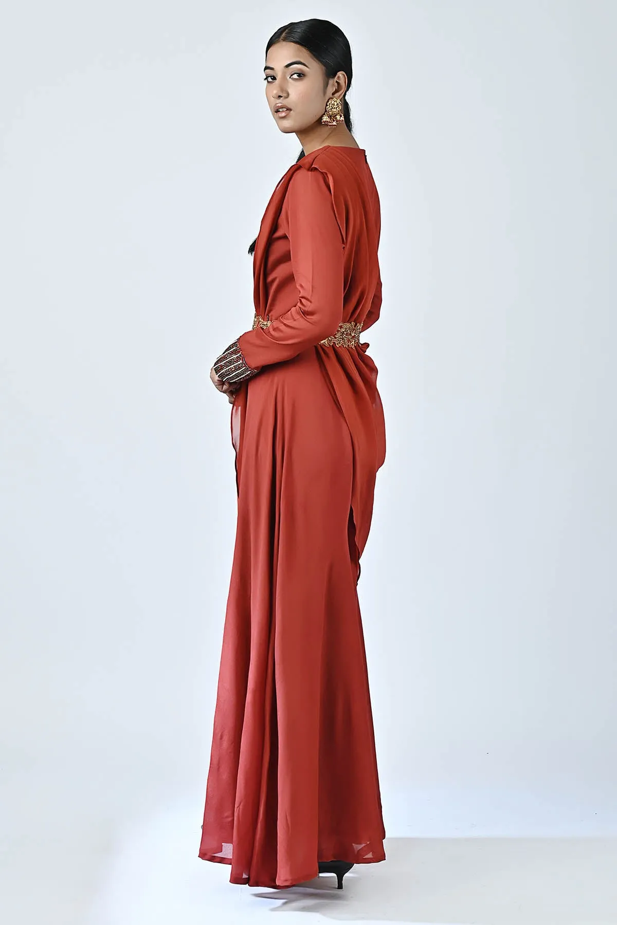 Red Ajrakh Drape Jumpsuit & Belt