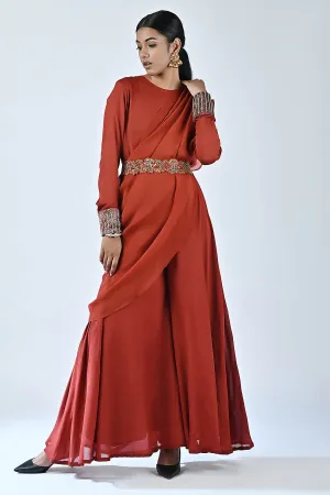 Red Ajrakh Drape Jumpsuit & Belt
