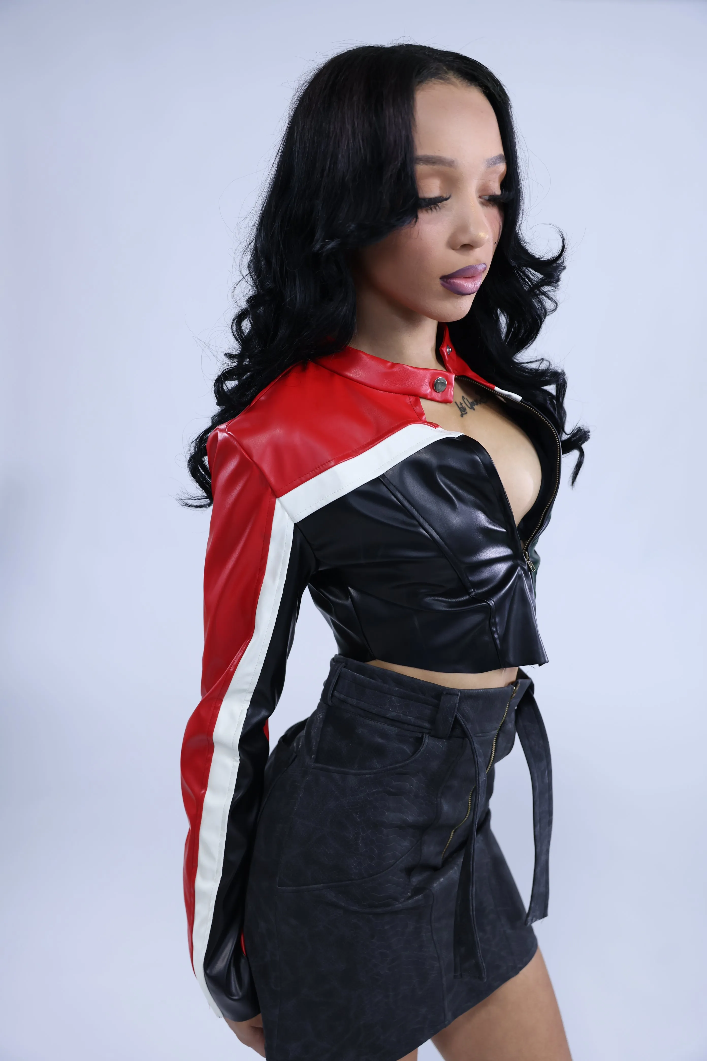 Red And Black Biker Crop Jacket