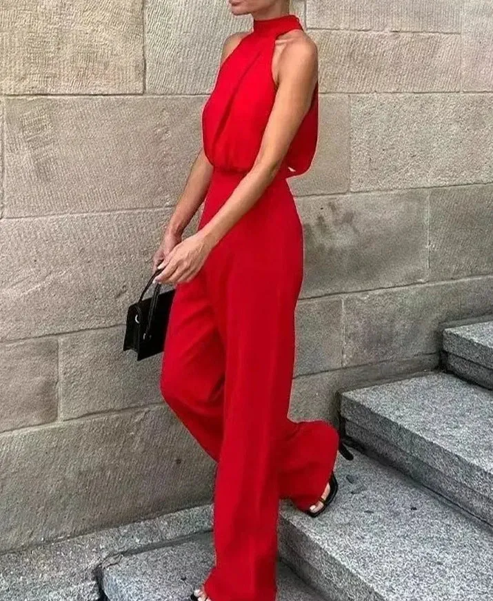 Red High Waist Hanging Neck Sleeveless Jumpsuit