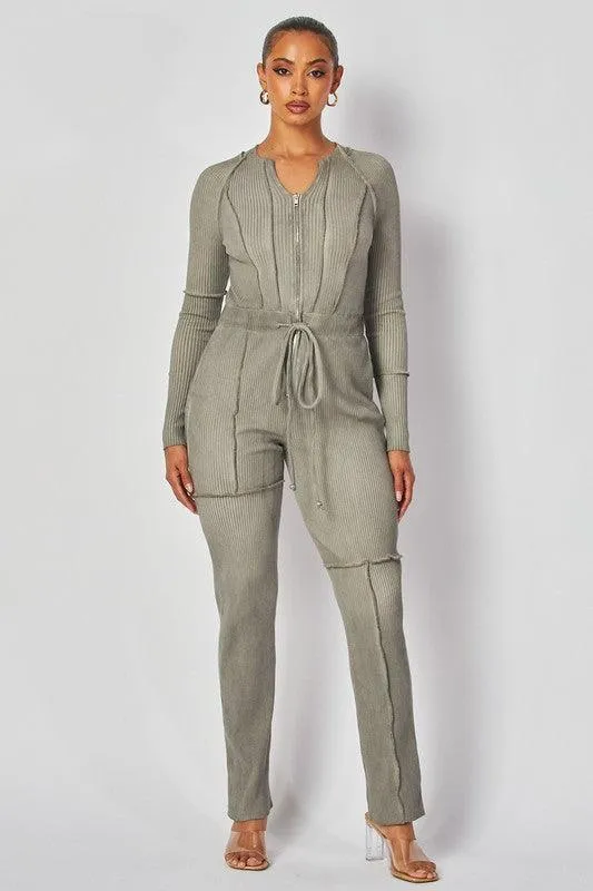 Rib Knit Long Sleeve Tie Waist Jumpsuit