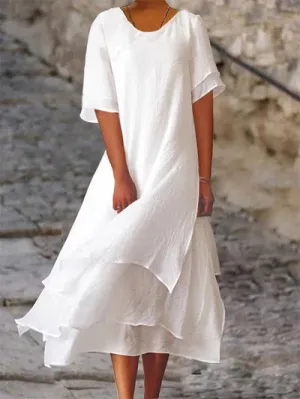 Roselle - Round neck dress with short sleeves in double layer cotton and linen