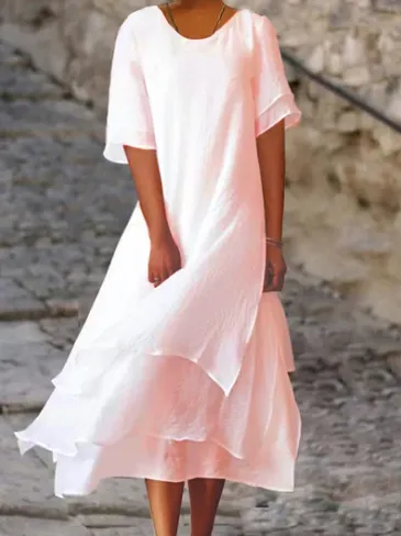 Roselle - Round neck dress with short sleeves in double layer cotton and linen