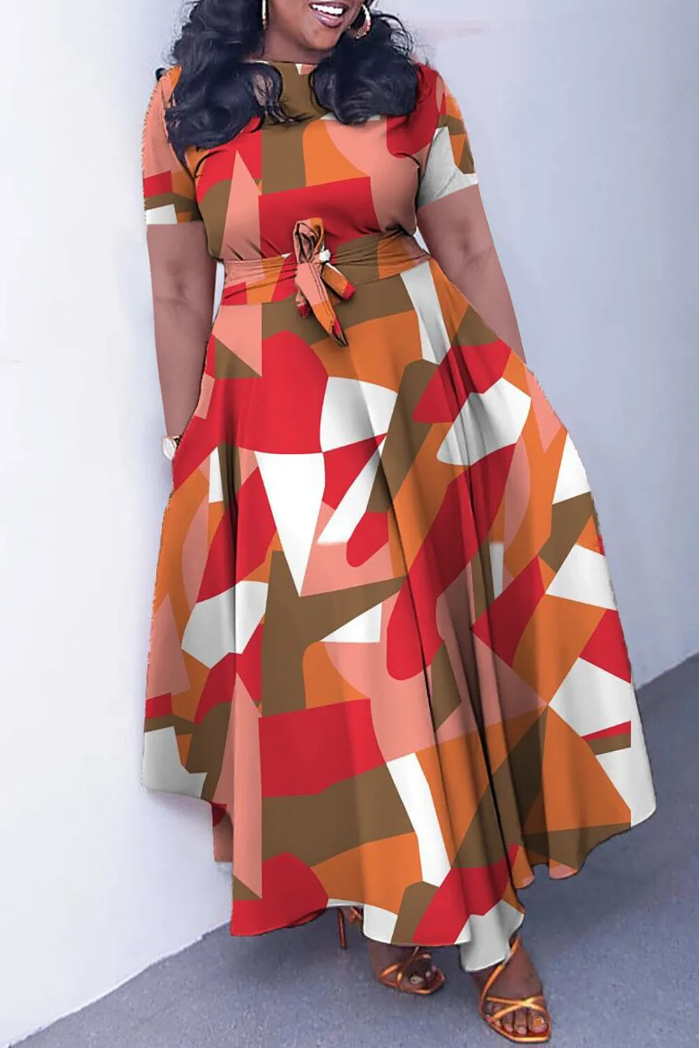 Round Neck Short Sleeve Doodle Print Tie Up A-Line Maxi Dresses-Red