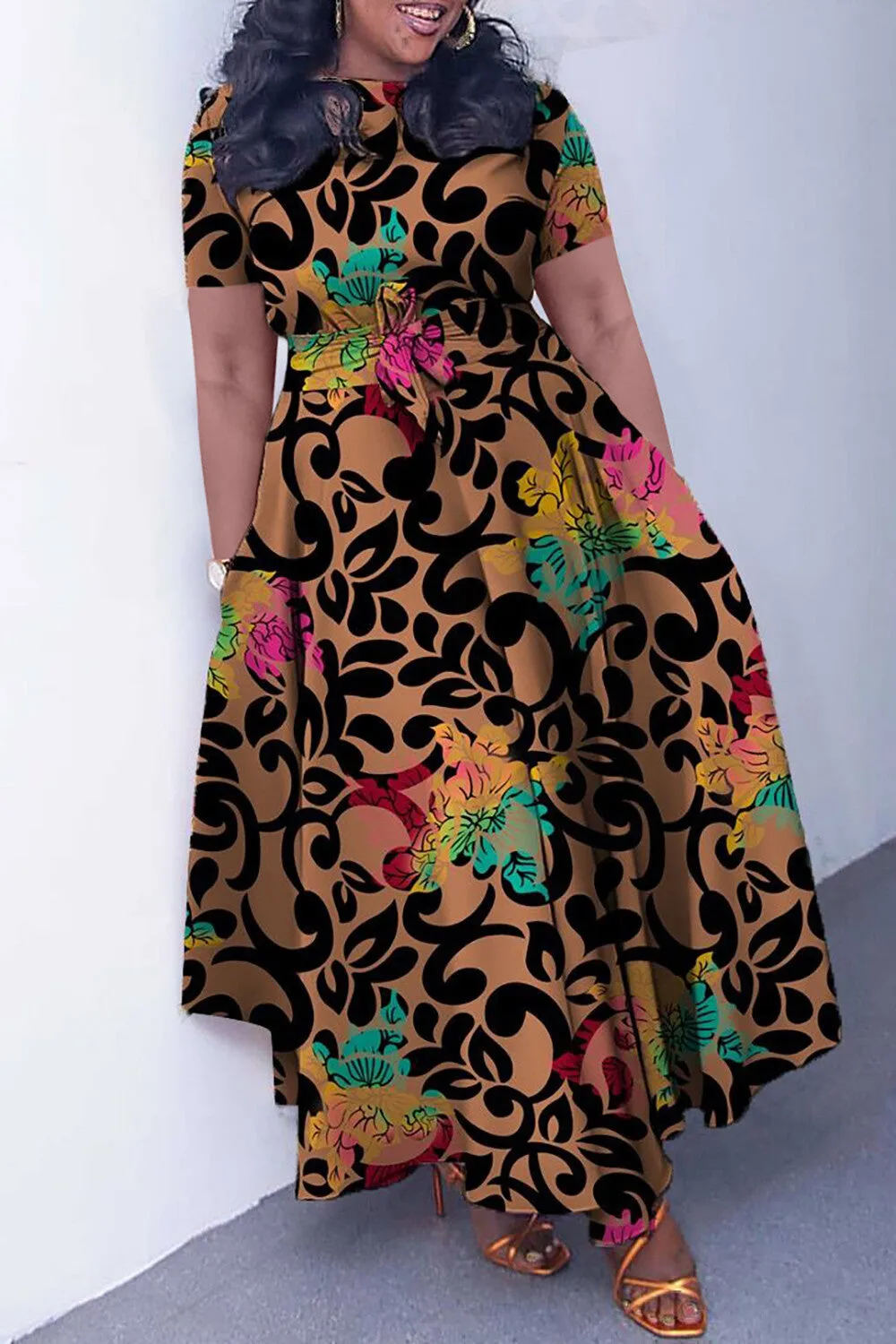 Round Neck Short Sleeve Doodle Print Tie Up A-Line Maxi Dresses-Red