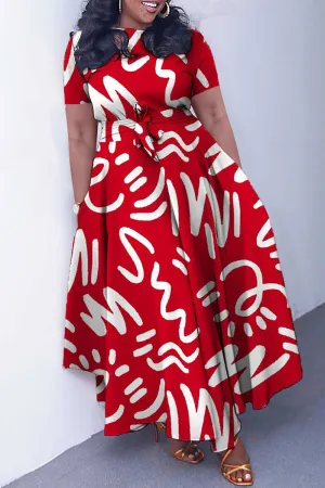 Round Neck Short Sleeve Doodle Print Tie Up A-Line Maxi Dresses-Red