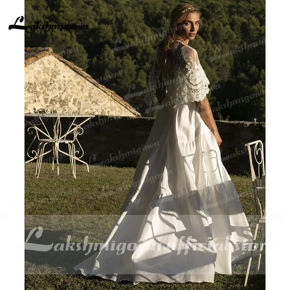 Roycebridal Spaghetti Straps Two Pieces Satin Lace Detachable Shawl Wedding Dresses With Back Buttons Simple Elegant vestidos de novia