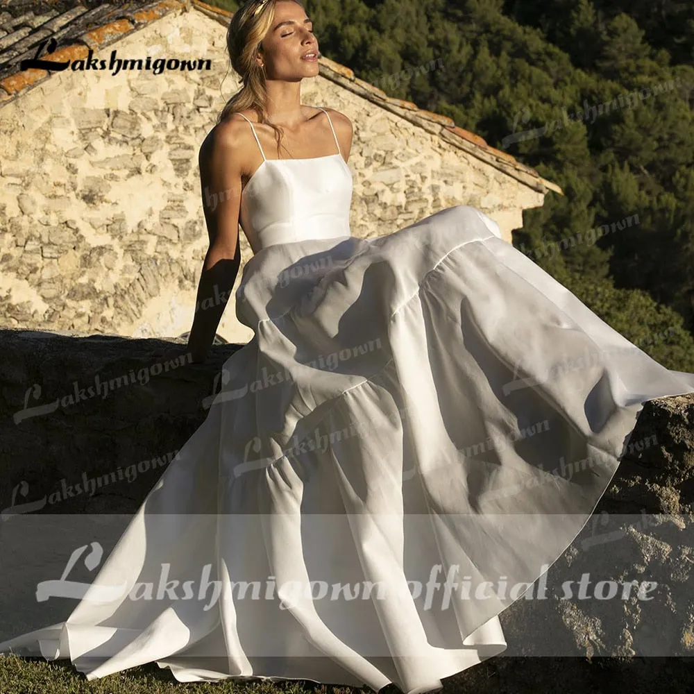 Roycebridal Spaghetti Straps Two Pieces Satin Lace Detachable Shawl Wedding Dresses With Back Buttons Simple Elegant vestidos de novia