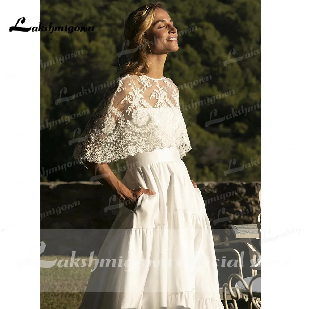 Roycebridal Spaghetti Straps Two Pieces Satin Lace Detachable Shawl Wedding Dresses With Back Buttons Simple Elegant vestidos de novia