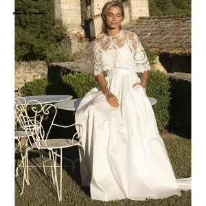 Roycebridal Spaghetti Straps Two Pieces Satin Lace Detachable Shawl Wedding Dresses With Back Buttons Simple Elegant vestidos de novia
