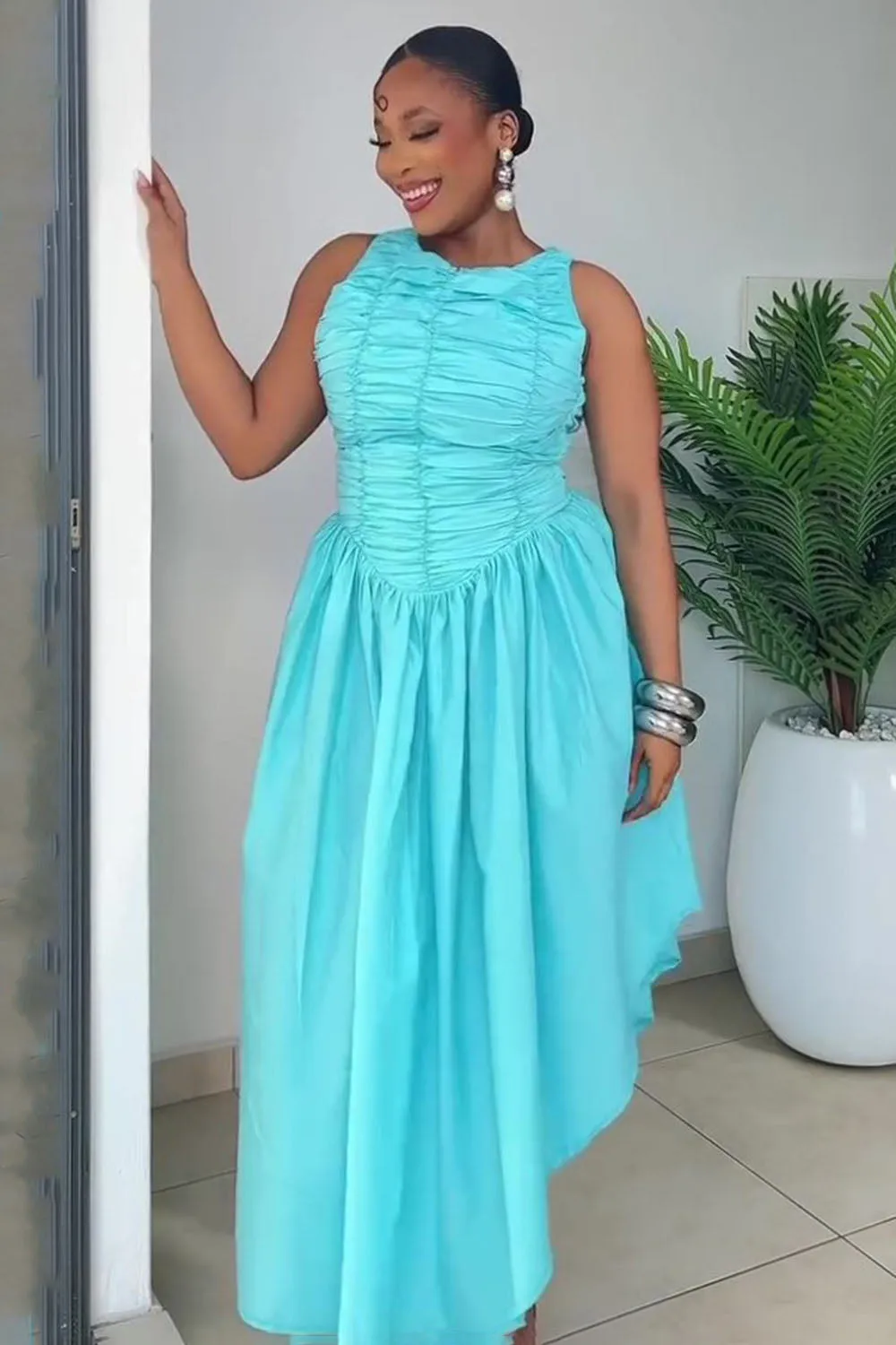 Ruched Open Back Basque Waist Sleeveless Maxi Dresses-Cyan [Pre Order]