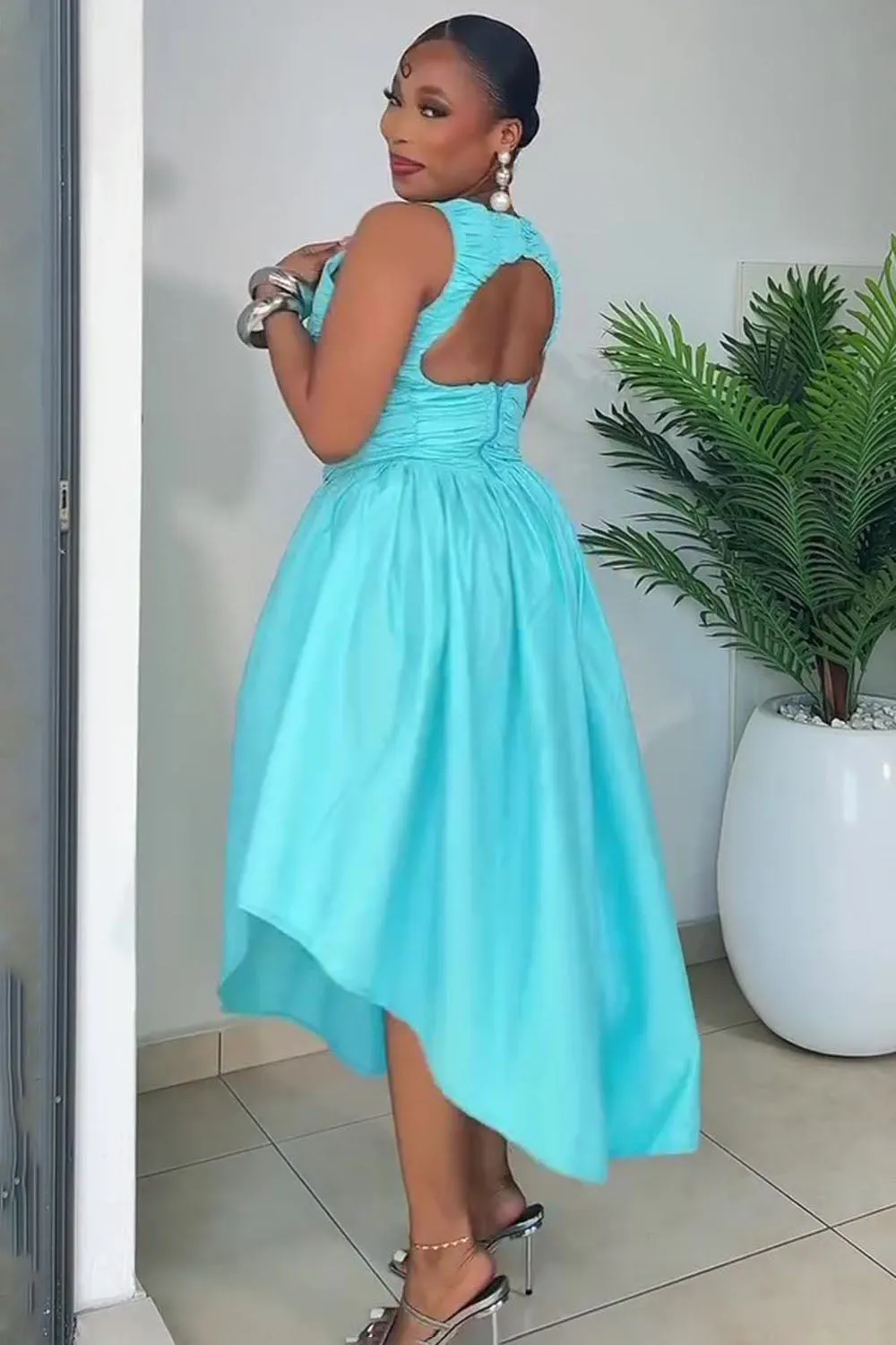 Ruched Open Back Basque Waist Sleeveless Maxi Dresses-Cyan [Pre Order]