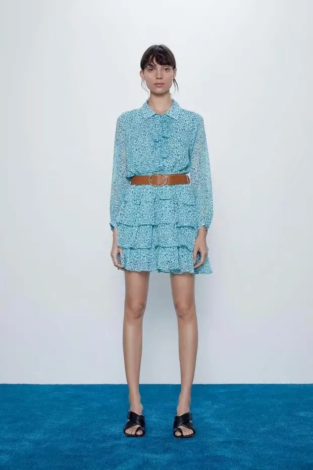 Ruffled Flounces Lace-up Pile Collar Pleated Belt Floral Mini Dress