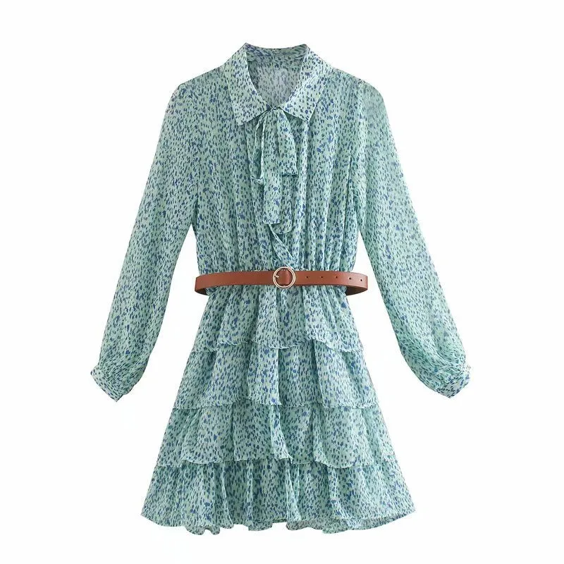 Ruffled Flounces Lace-up Pile Collar Pleated Belt Floral Mini Dress