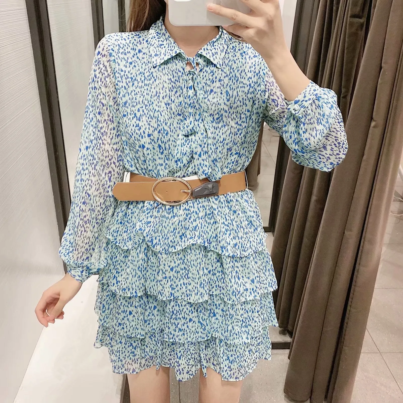 Ruffled Flounces Lace-up Pile Collar Pleated Belt Floral Mini Dress