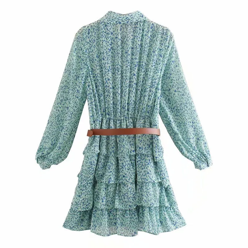 Ruffled Flounces Lace-up Pile Collar Pleated Belt Floral Mini Dress
