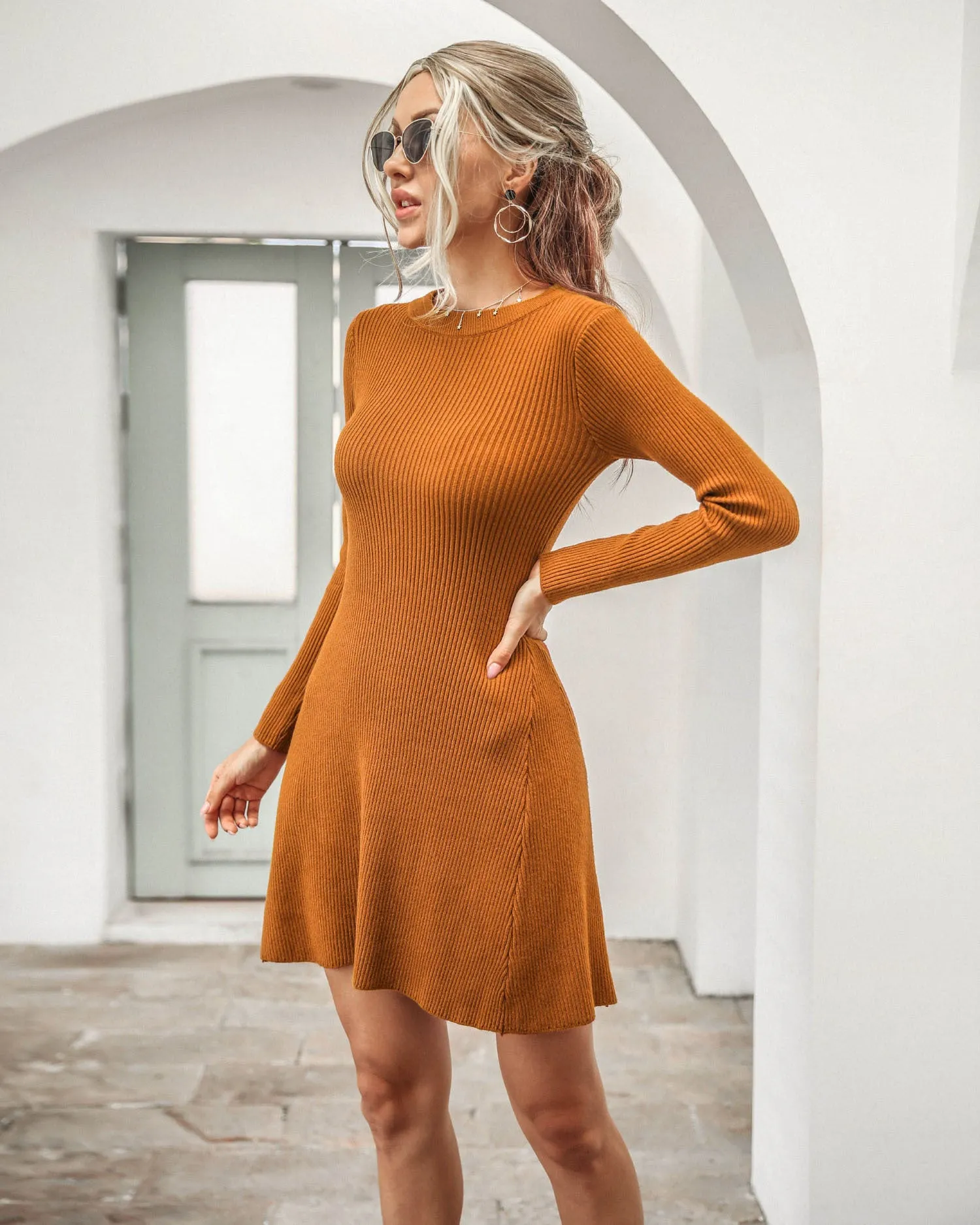 Ruffled Flounces Striped Knit Sweater Mini Dresses