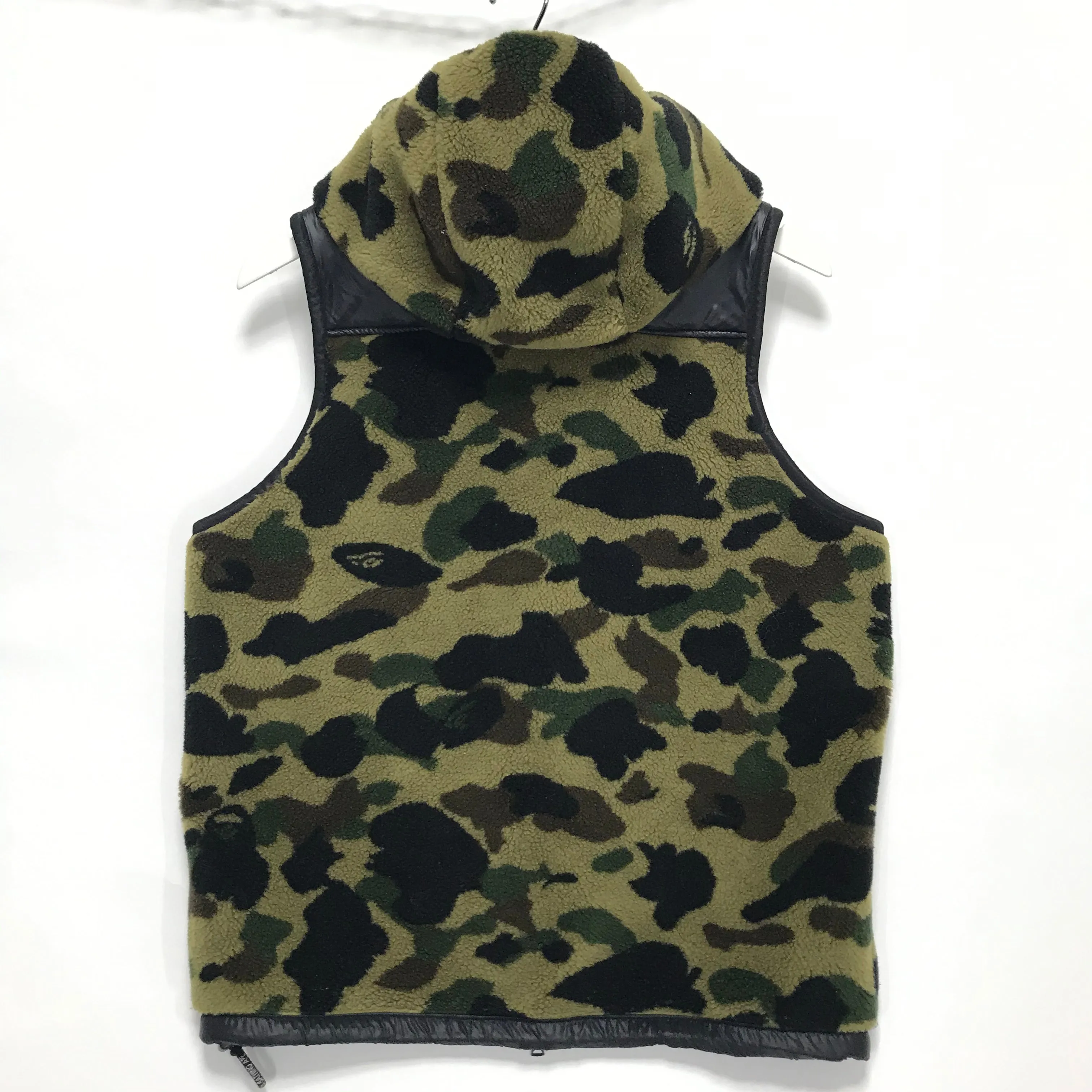 [S] A Bathing Ape Bape 1st Camo Boa Fleece Hooded Vest Green