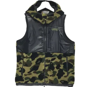 [S] A Bathing Ape Bape 1st Camo Boa Fleece Hooded Vest Green
