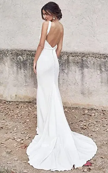 Satin Mermaid V-neck Wedding Dress Simple Sexy Romantic Summer Adorable Country With Open Back And Sleevesless-716765
