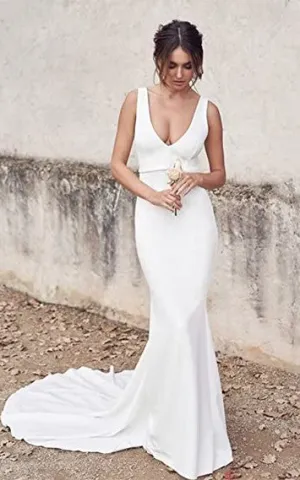 Satin Mermaid V-neck Wedding Dress Simple Sexy Romantic Summer Adorable Country With Open Back And Sleevesless-716765