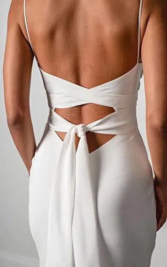Satin Sheath Spaghetti Wedding Dress Casual Sexy Romantic Adorable Beach With Open Back And Long Sleeves And Split Front-716762