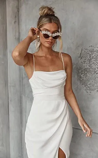 Satin Sheath Spaghetti Wedding Dress Casual Sexy Romantic Adorable Beach With Open Back And Long Sleeves And Split Front-716762