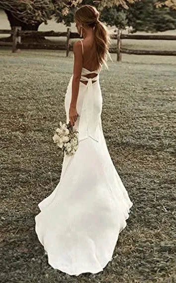Satin Sheath Spaghetti Wedding Dress Casual Sexy Romantic Adorable Beach With Open Back And Long Sleeves And Split Front-716762