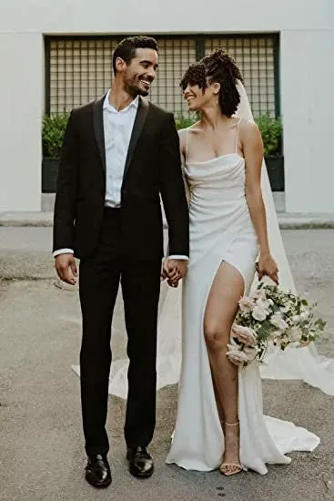 Satin Sheath Spaghetti Wedding Dress Casual Sexy Romantic Adorable Beach With Open Back And Long Sleeves And Split Front-716762