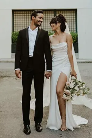 Satin Sheath Spaghetti Wedding Dress Casual Sexy Romantic Adorable Beach With Open Back And Long Sleeves And Split Front-716762