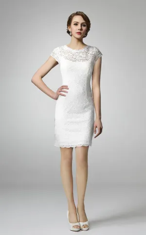 Scoop-neck Short Sleeve Lace Pencil Wedding Dress With Low-V Back-HT_708807