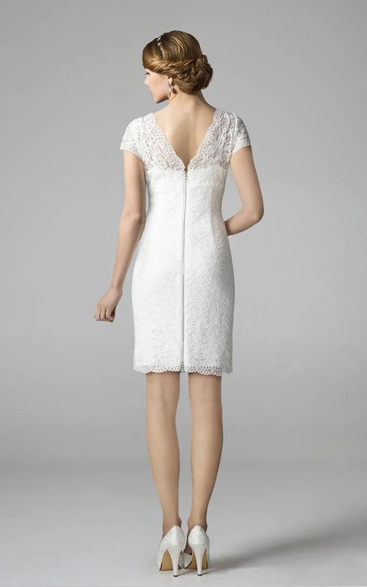 Scoop-neck Short Sleeve Lace Pencil Wedding Dress With Low-V Back-HT_708807