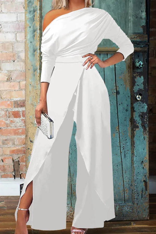 Sexy and beautiful one-shoulder pleated wide-leg jumpsuit