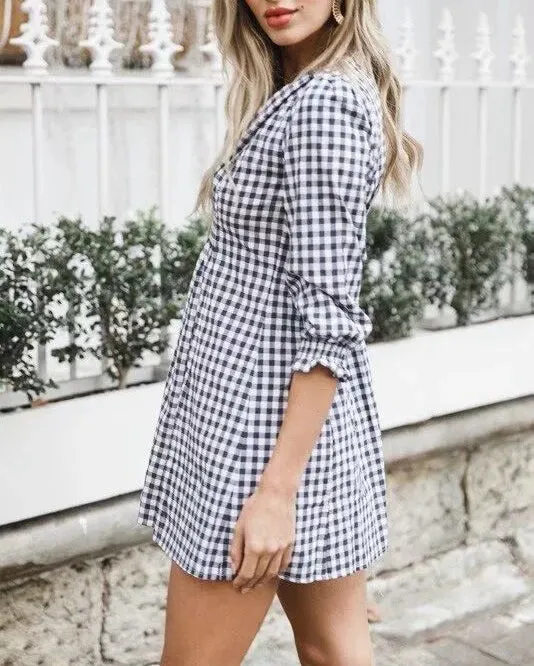 Sexy Deep V Cropped Sleeves Waist Plaid Dress