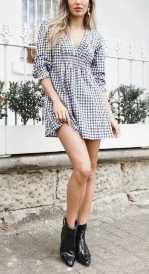 Sexy Deep V Cropped Sleeves Waist Plaid Dress